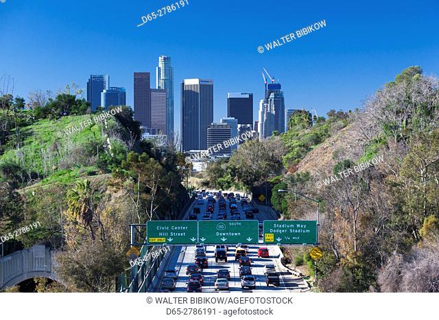 USA, California, Los Angeles, elevated view of traffic on RT 110, morning