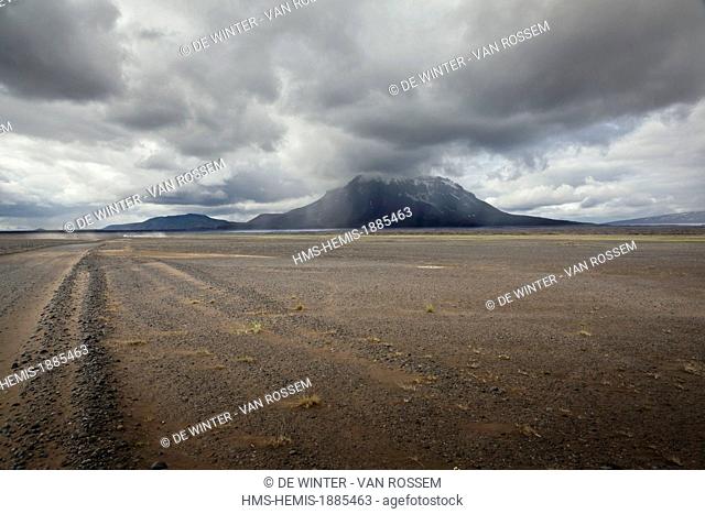 Iceland, Nordhurland, lava field with view on Herdubreid volcano