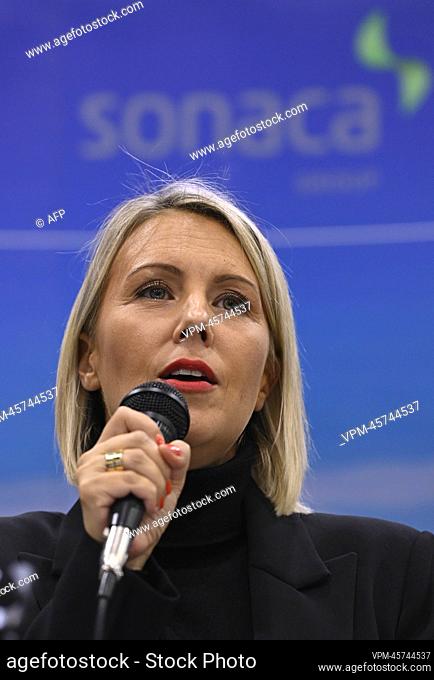 Defence minister Ludivine Dedonder pictured during the presentation of aerospace company Sonaca's European pilot project for the design of the first hyper sonic...