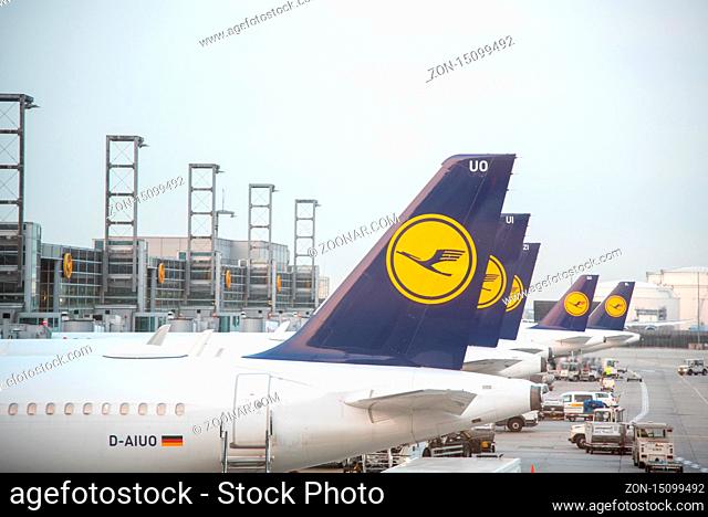 Frankfurt Germany- October 19 2018: Airplanes of Lufthansa on the runway at terminal 1 of Frankfurt International Airport in Germany