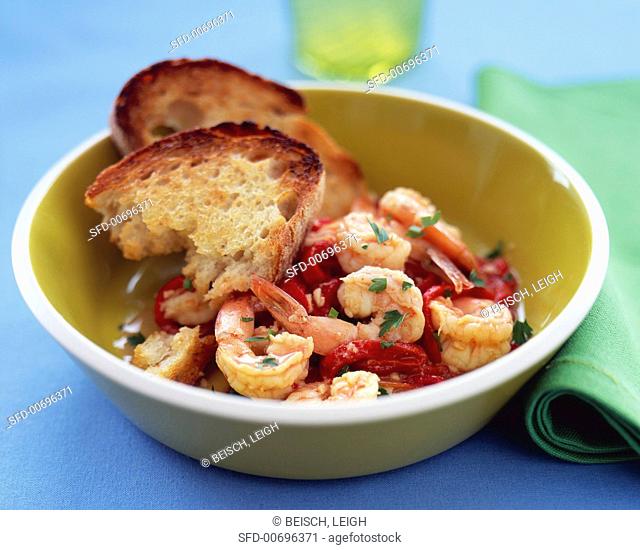 Bowl of Shrimp and Piquillo Peppers with Bread