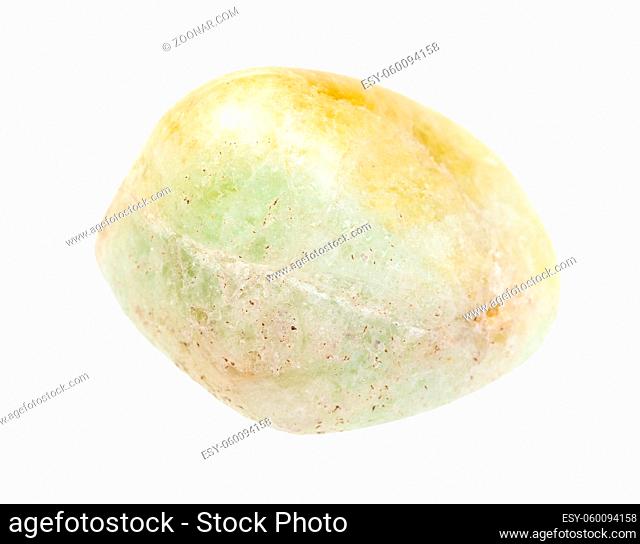 closeup of sample of natural mineral from geological collection - tumbled Datolite gemstone isolated on white background