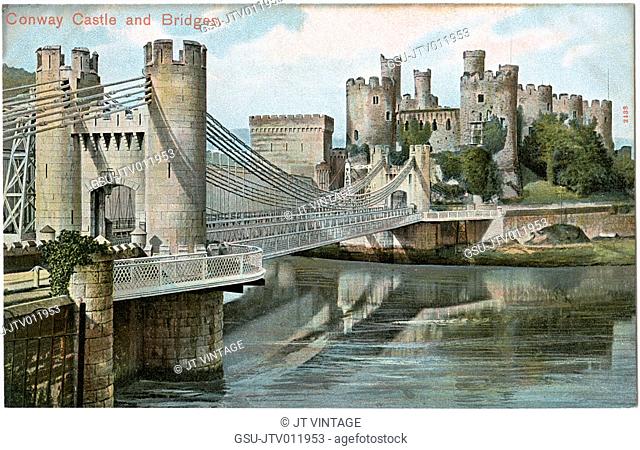 Conwy Castle and Bridge, Conwy, Wales, Peacock Autochrom Postcard, Pictorial Stationary Company, Ltd., London, 1910