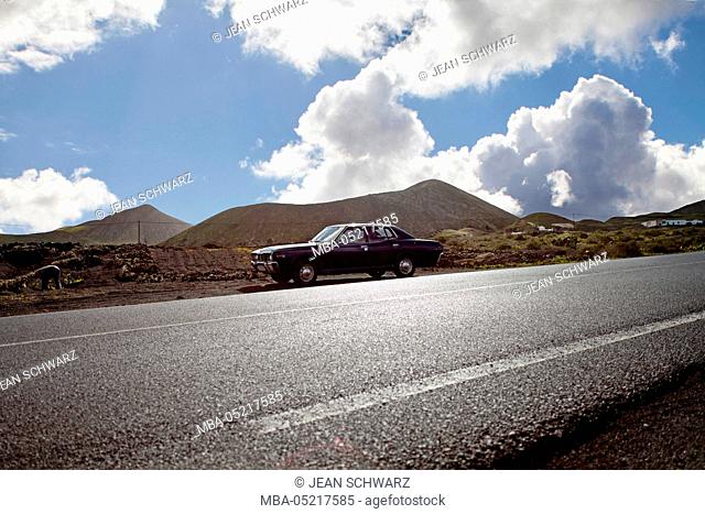 Street, car, vintage car, Datsun 220 t in front of volcano landscape