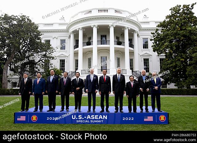 US President Joe Biden (C) poses with leaders of the US-ASEAN Special Summit during a family photo on the South Lawn of the White House in Washington, DC, USA