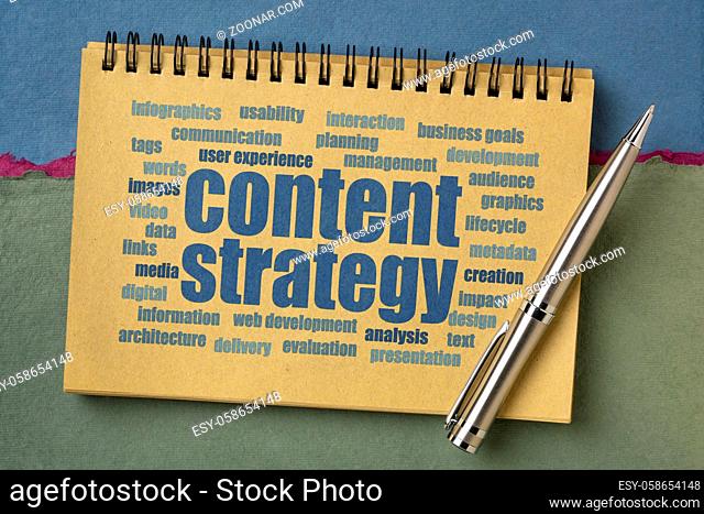 content strategy word cloud in an art sketchbook, creativity and business concept
