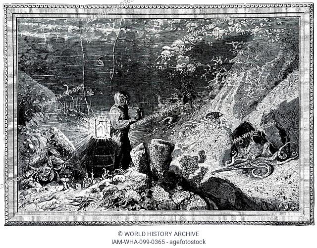 Engraving depicting a diver taking photographs on the sea floor. Dated 19th Century