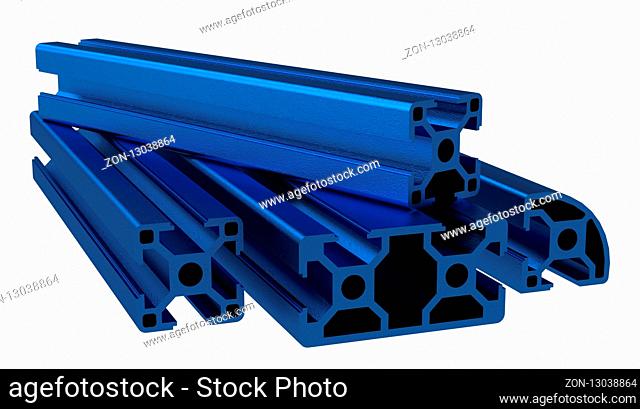 Several aluminum profile accessory isolated on white background. 3D rendering
