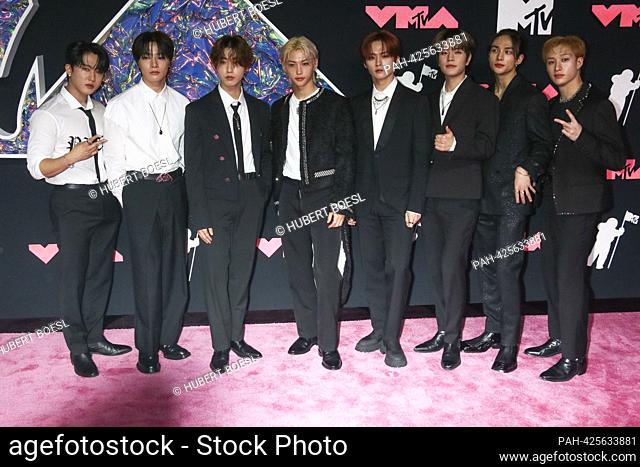 Changbin, I.N, Han, Felix, Lee Know, Seungmin, Hyunjin and Bang Chan of 'Stray Kids' arrive on the pink carpet of the 2023 MTV Video Music Awards, VMAs