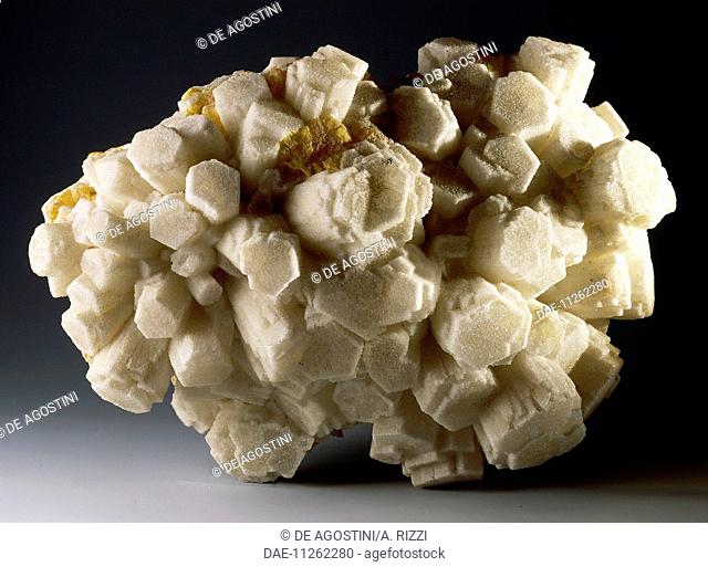 Prismatic crystals of Aragonite, carbonate, encrusted with White Calcite and Sulfur, from Sicily, Italy