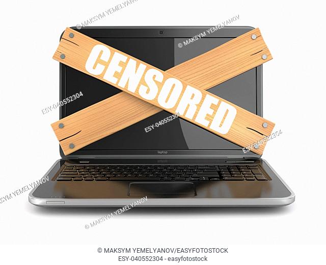 Concept of censure. Boarded up laptop, 3d