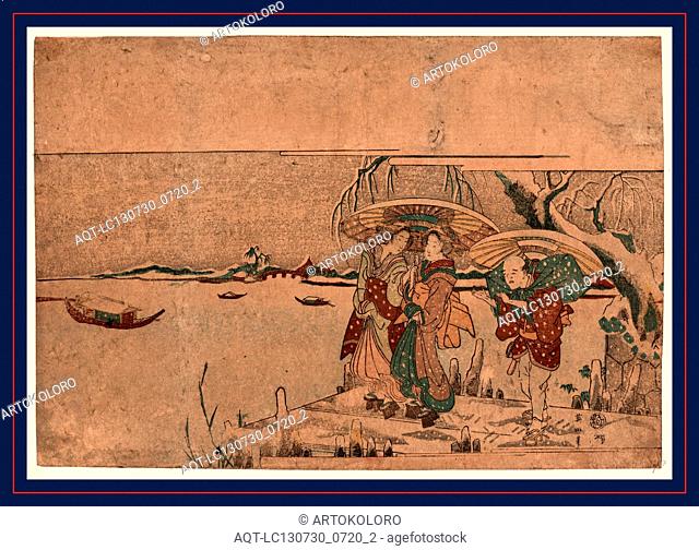 Secchu sanbashi no geinin, Entertainers from Setchu in the snow., Kikukawa, Eizan, 1787-1867, artist, [between 1811 and 1818], 1 print : woodcut, color ; 25