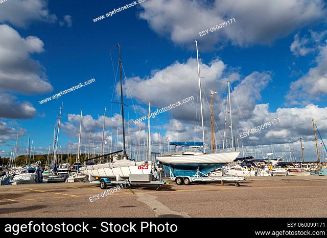 Copenhagen, Denmark - October 03, 2018: Sailboats anchored at Kastrup sailboat harbour