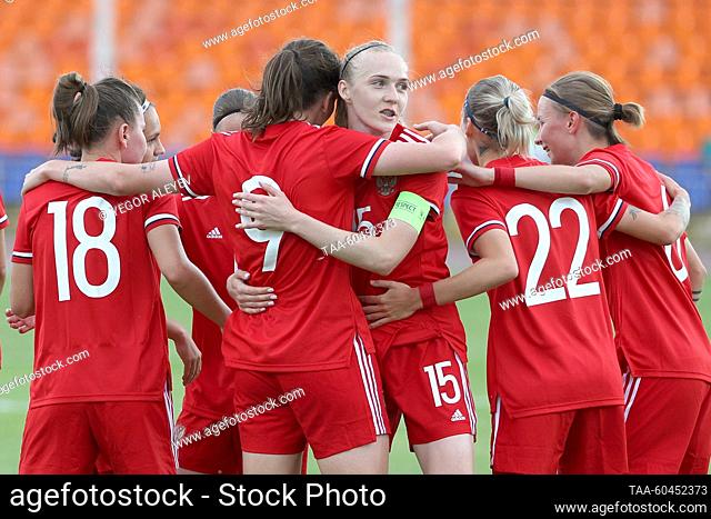 RUSSIA, KAZAN - JULY 14, 2023: Russia celebrates a goal against Iran during a women's international friendly football match at Tsentralny [Central] Stadium