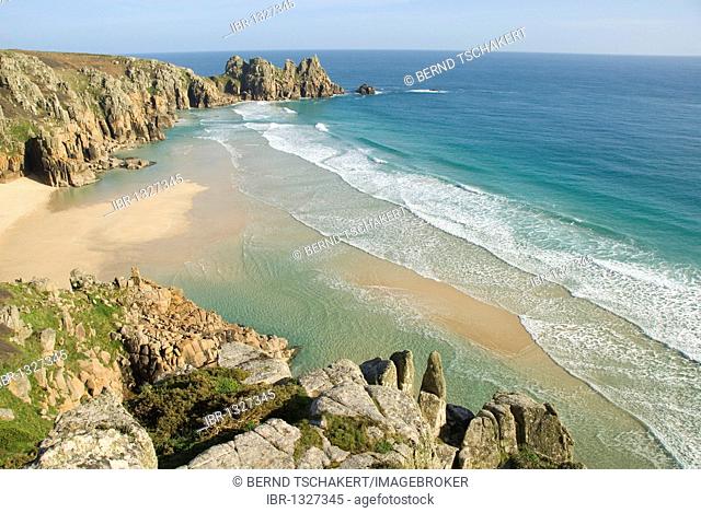 Porthcurno Beach, Pedn Vounder Beach, Logan Rock, South Coast, Cornwall, England, United Kingdom, Europe
