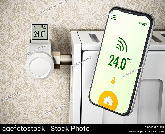 Smartphone and thermostatic radiator valve with LCD screen. 3D illustration