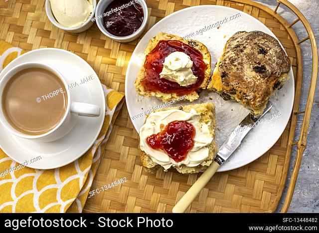 Tea and scones with clotted cream and strawberry jam