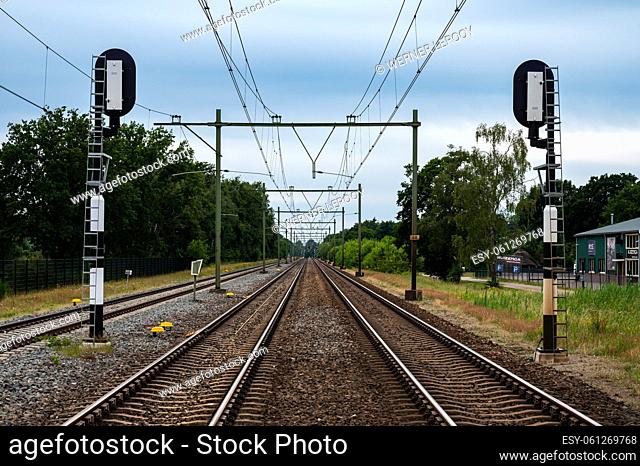 Stroe, Gelderland, The Netherlands, 07 12 2022 - Railway tracks through the Veluwe national park