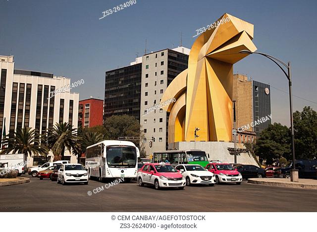 Taxis in front of the Caballito Statue and the Torre Caballito Tower at Paseo de la Reforma avenue, Mexico City, Mexico, Central America