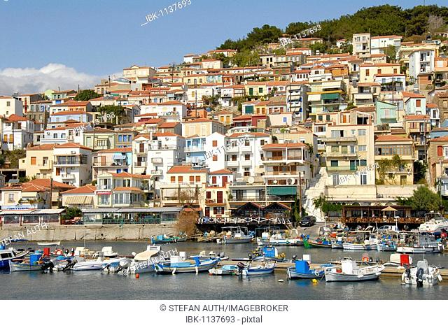 City on the harbour with fishing boats, Plomari, Lesbos island, Aegean Sea, Greece, Europe