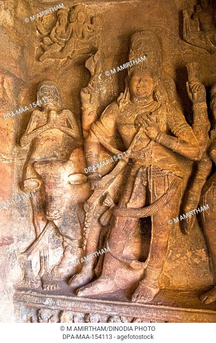 Lord Shiva with Rishaba sculpture in cave one in Badami ; Karnataka ; India