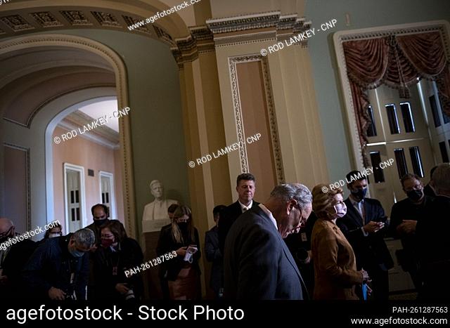 United States Senate Majority Leader Chuck Schumer (Democrat of New York) waits to field questions from reporters during the Senate Democrat€™s policy luncheon...