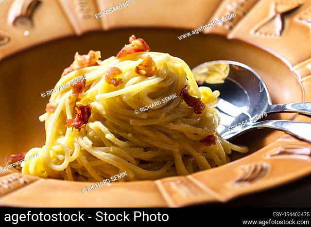 Pasta Carbonara with Bacon and Egg and Parmesan Cheese
