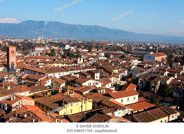 Lucca from Guinigi Tower. Italian landmark. Aerial view of Lucca