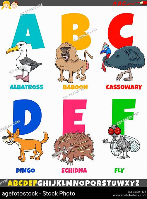Cartoon Illustration of Educational Colorful Alphabet Set from Letter A to F with Funny Animal Characters