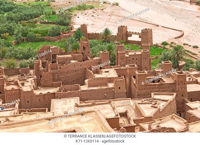 View of the Ounila River and the fortified city of Ait Benhaddou Casbah near Ourzazate, Morocco
