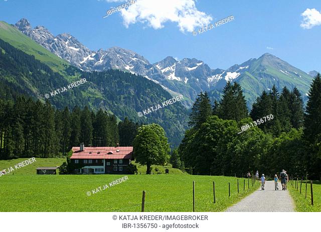 Hikers in Stillach Valley, Oberstdorf, Allgaeu, Bavaria, Germany, Europe
