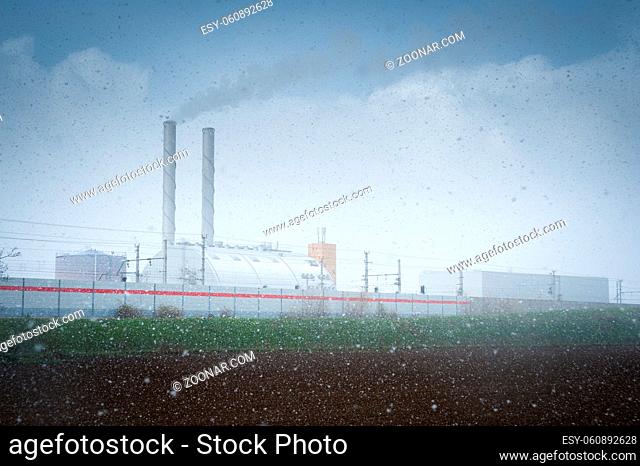 Snowflakes on a snowstorm at a power plant in Vienna