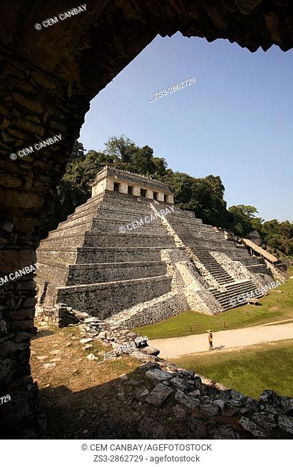 Framed view to the Temple of Inscriptions at the Palenque Archaeological Site, Palenque, Chiapas State, Mexico, Central America