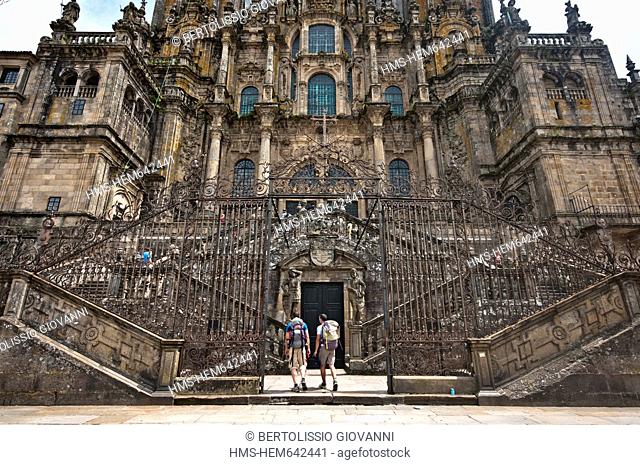 Spain, Galicia, Santiago de Compostella, listed as World Heritage by UNESCO, the cathedral entrance, Obradoiro Square
