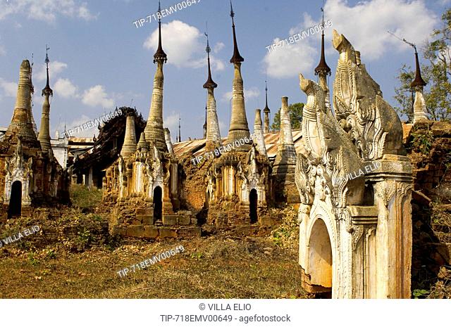 Ruins at Paya Shwe Inn Thein Buddhist temple at Inthein village on banks of Inle Lake, Burma, Myanmar