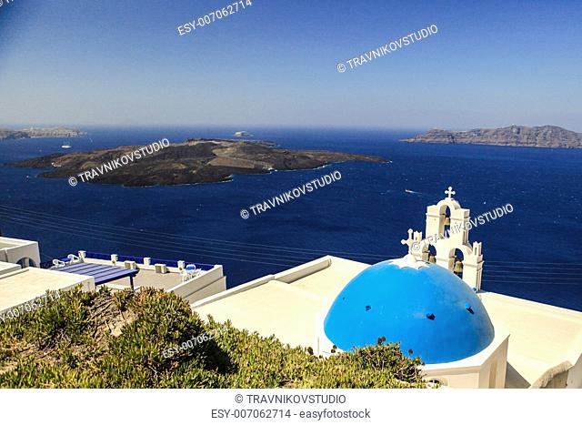 Blue famouse dome church at Firostefani on Santorini island in Greece