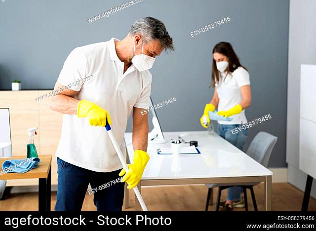 Cleaning Service Janitor Cleaner With Mop In Face Mask