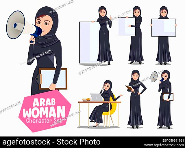 Arab woman character vector set. Arabian female characters in speaking, announcing and presenting pose and gesture for arabic lady muslim cartoon collection