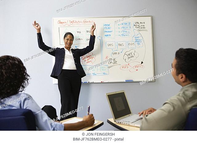 African businesswoman cheering in front of whiteboard