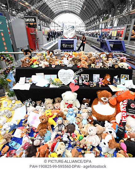 20 August 2019, Hessen, Frankfurt/Main: Cuddly toys and condolences have gathered on track 7 of the main station at a memorial place