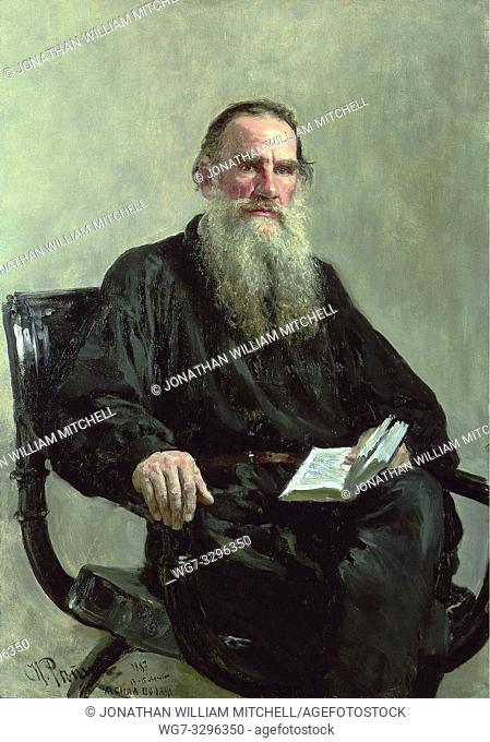 RUSSIA -- 1887 -- Count Leo Tolstoy, the Russian aristocratic author of War and Peace who later became an anarchist. Portrait sitting from a painting by Ilya...