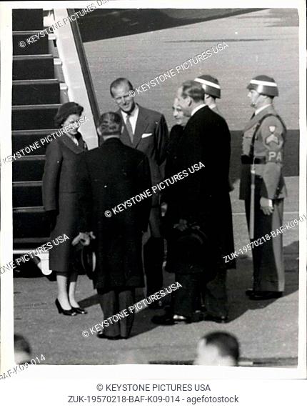 Feb. 18, 1957 - Queen and Duke of Edinburgh reunited . H.M. The Queen and the Duke of Edinburgh who have been parted for four months while the Duke has been on...