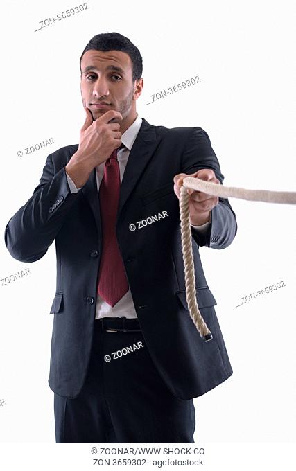Business man pulling and bond tied with rope concept isolated on white background in studio