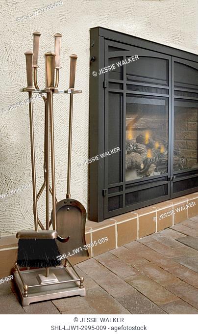 FIREPLACES: Adams copper look fireplace tools , Prairie style gas insert fireplace, tile floors