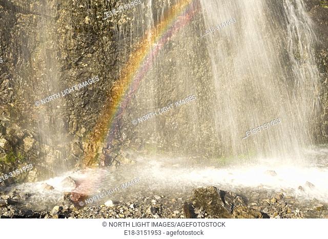 Canada, Alberta, Crowsnest Pass. Rainbow on waterfall near Emerald Lake. Close to the BC Alberta border