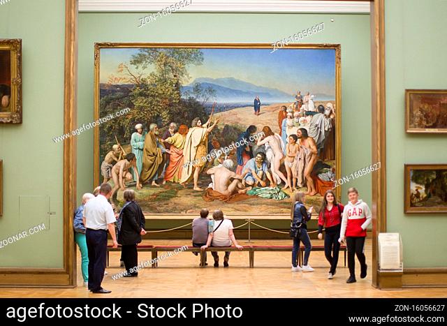 Moskava, Tretyakov Gallery, June 07, 2018. People in the museum near the picture of Alexander Ivanov Appearance of Christ to the people