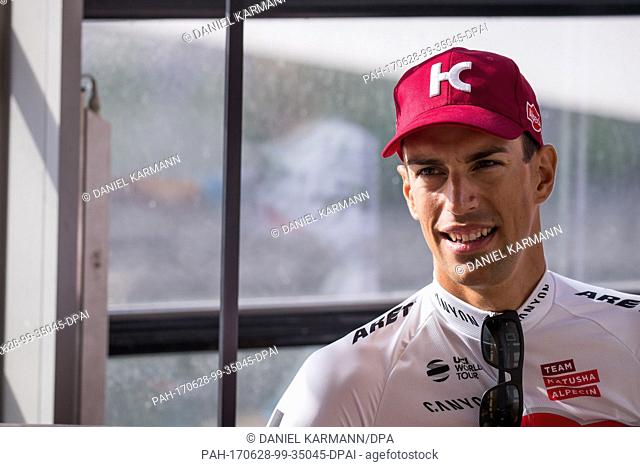 The Swiss cyclist Reto Hollenstein from the Team Katusha Alpecin during a press conference in Duesseldorf, Germany, 28 June 2017
