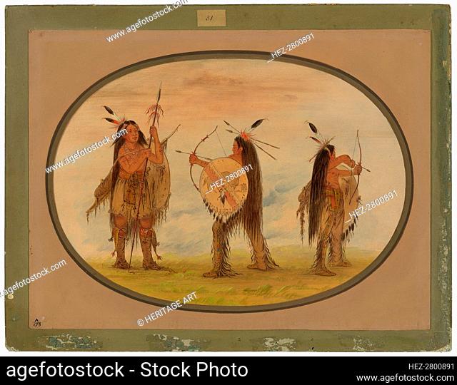 Three Mandan Warriors Armed for War, 1861/1869. Creator: George Catlin