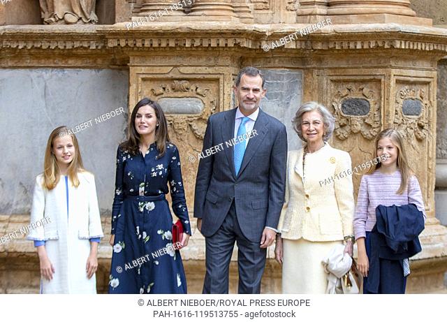 King Felipe, Queen Letizia, Queen Sofia, Princess Leonor and Princess Sofia of Spain arrive at the La Seu Cathedral in Palma de Mallorca, on April 21, 2019