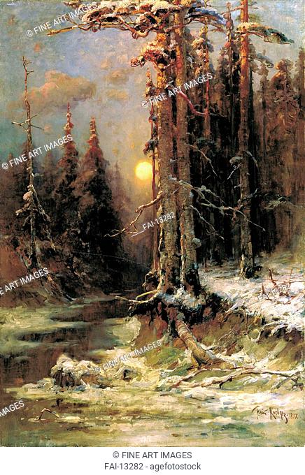 Winter Sunset in the pine forest. Klever, Juli Julievich (Julius), von (1850-1924). Oil on canvas. Russian Painting of 19th cen. . 1889